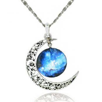 Crescent Moon Filigree Blue Glass Cabochon Galaxy Universe Art Picture Pendant Necklace, 18" Chain