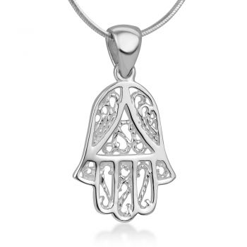 SUVANI 925 Sterling Silver Open Filigree Hamsa Hand of Fatima Rope Design Amulet Pendant Necklace 18"