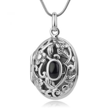 Sterling Silver Vintage Filigree Flower Oval Shaped Locket Black Synthetic Onyx Pendant Necklace 18"