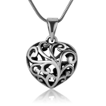 SUVANI Oxidized Sterling Silver Open Filigree Heart Puffed 3-D Small Pendant Necklace, 18 inches