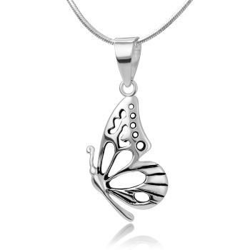 SUVANI Sterling Silver Open Filigree Half Flying Butterfly Detailed Wing Pendant Necklace, 18”