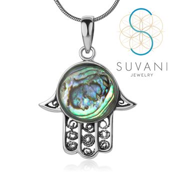 SUVANI 925 Sterling Silver Hamsa Hand of Fatima Natural Abalone Shell Amulet Pendant Necklace 18"