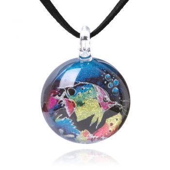 SUVANI Hand Blown Glass Jewelry Butterflyfish Tropical Fish Round Pendant Necklace, 17-19 inches leather cord