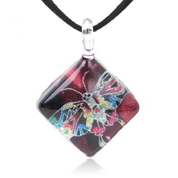 SUVANI Hand Blown Glass Jewelry Multi-Colored Butterfly Red Square Pendant Necklace, 17"-19" Leather Cord