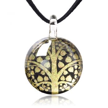 Hand Blown Glass Jewelry Buddhism Bodhi Tree Round Pendant Necklace, 17-20 inches Leather Cord