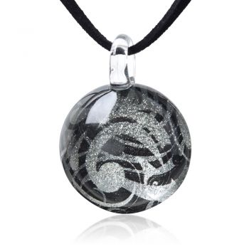 SUVANI Hand Blown Glass Jewelry Sea Wave Black & Silver Glitter Round Pendant Necklace, 17-19"