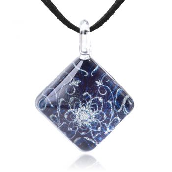 SUVANI Hand Blown Glass Jewelry Blooming Flower Blue Glitter Square Pendant Necklace 17”-19”