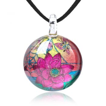 SUVANI Hand Blown Glass Jewelry Magical Butterflies Flower Retro Round Pendant Necklace 17”-19”