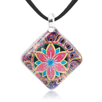 SUVANI Hand Blown Glass Jewelry Multi-Colored Mandala Flower Square Pendant Necklace, 17-19 inches