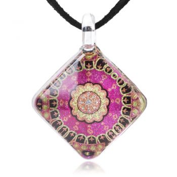 SUVANI Hand Blown Glass Jewelry Mandala Art Design Square Pendant Necklace 17”-19” 