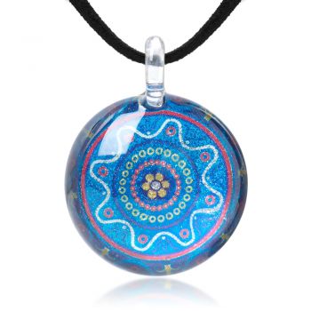 SUVANI Hand Blown Glass Jewelry Mandala Art Design Round Pendant Necklace 17”-19” 