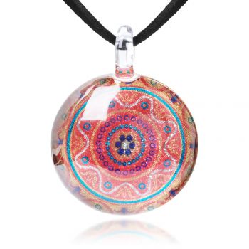 SUVANI Hand Blown Glass Jewelry Orange Mandala Design Round Pendant Necklace, 17-19 inches