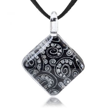 SUVANI Hand Blown Glass Jewelry Black Silver Grey Abstract Art Square Pendant Necklace 17-19 inches