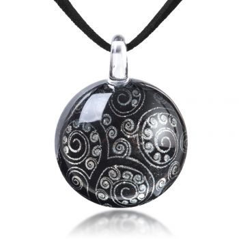 SUVANI Hand Blown Glass Jewelry Black Silver Grey Abstract Art Round Pendant Necklace 17-19 inches
