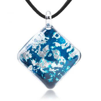 Hand Blown Glass Jewelry Glitter Silver Foil Deep Blue Square Pendant Necklace  17-19" Leather Cord