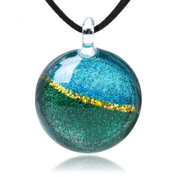 SUVANI Hand Blown Glass Glitter Horizon Blue Green Gold Round Pendant Necklace, 17-19” Leather Cord