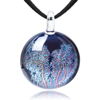 SUVANI Hand Blown Glass Jewelry Abstract Midnight Trees Round Pendant Necklace, 17-19” Leather Cord