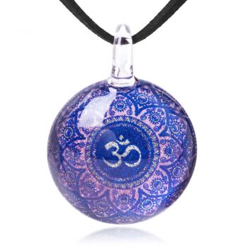 SUVANI Hand Blown Glass Jewelry Purple Om Ohm Aum Symbol Mandala Design Pendant Necklace 17-19”