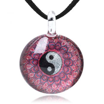 SUVANI Hand Blown Glass Jewelry Yin Yang Symbol Pink Peacock Mandala Round Pendant Necklace, 17-19 inches