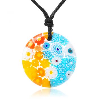 SUVANI Millefiori Murano Glass Multi-Colored Flowers Round Pendant 28 mm Adjustable Necklace 15”-30”
