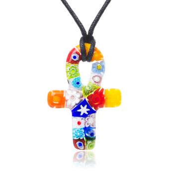 SUVANI Millefiori Murano Glass Multi-Colored Ankh Cross Symbol Pendant 40 mm Necklace 15”-30”