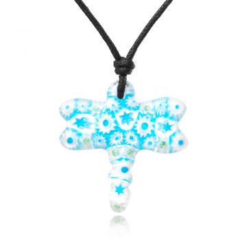SUVANI Millefiori Murano Glass Light Sky Blue Dragonfly Pendant 35 mm Adjustable Necklace 15”-30”