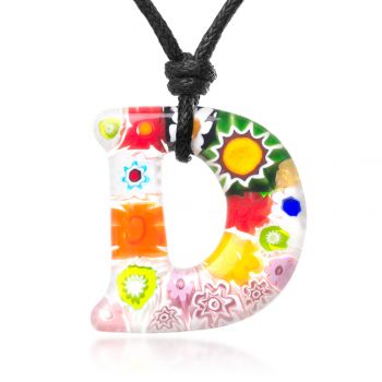 SUVANI Millefiori Murano Glass Multi-Colored Initial Letter “D” Alphabet Pendant Necklace 15”-30”