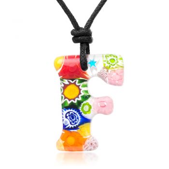 SUVANI Millefiori Murano Glass Multi-Colored Initial Letter “F” Alphabet Pendant Necklace 15”-30”