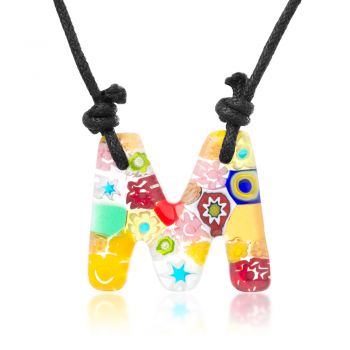 SUVANI Millefiori Murano Glass Multi-Colored Initial Letter “M” Alphabet Pendant Necklace 15”-30”