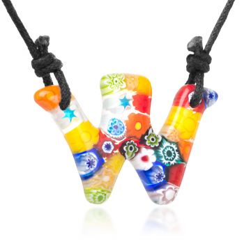 SUVANI Millefiori Murano Glass Multi-Colored Initial Letter “W” Alphabet Pendant Necklace 15”-30”