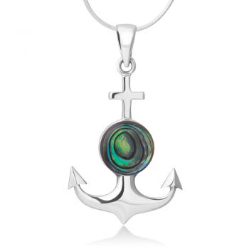 SUVANI Sterling Silver Green Abalone Shell Navy Sailor Ship Anchor Symbol Pendant Necklace 18''