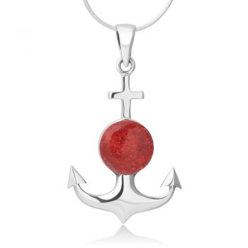 SUVANI Sterling Silver Synthetic Red Resin Navy Sailor Ship Anchor Symbol Pendant Necklace 18''