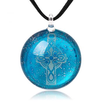 SUVANI Hand Blown Glass Jewelry Celtic Cross Glittering Gray & Blue Round Pendant Necklace, 18”-20"