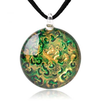 SUVANI Hand Blown Glass Jewelry"Green Lava" Shimmering Art Round Pendant Necklace, 18”-20”