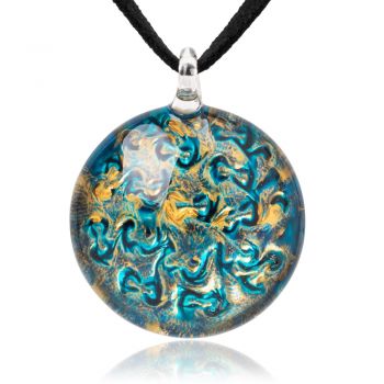 SUVANI Hand Blown Glass Jewelry "Blue Lava" Shimmering Art Round Pendant Necklace, 18”-20”