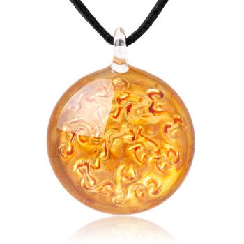 SUVANI Hand Blown Glass Jewelry Golden Flame Shimmering Art Round Pendant Necklace, 18”-20”