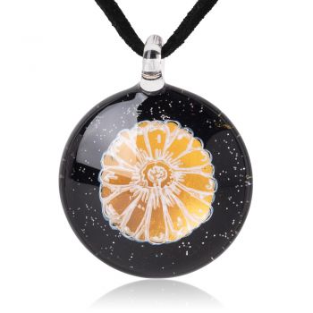 SUVANI Glass Jewelry Happy Daisy Flower Hand Drawing Yellow Black Round Pendant Necklace, 18"-20"