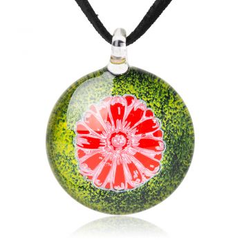 SUVANI Glass Jewelry Happy Daisy Flower Hand Drawing Pink Green Round Pendant Necklace, 18"-20"