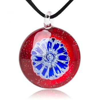 SUVANI Glass Jewelry Happy Daisy Flower Hand Drawing Red Blue Round Pendant Necklace, 18"-20"