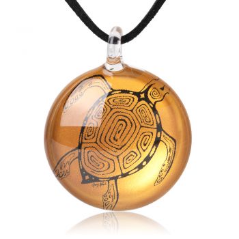 SUVANI Hand Blown Glass Jewelry Sea Turtle Shimmering Yellow Round Pendant Necklace 18"-20"