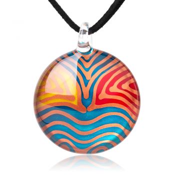 SUVANI Hand Painted Glass Jewelry Multi-Colored Wave Lines Round Cabochon Pendant Necklace 18"-20"
