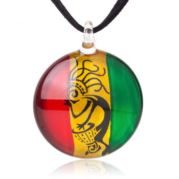 SUVANI Hand Blown Glass Jewelry Happy Rastafari Reggae Bendera Round Pendant Necklace, 18-20"