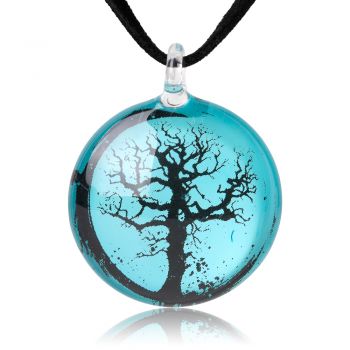 SUVANI Hand Blown Glass Jewelry Dead Tree Silhouette Art Blue Round Pendant Necklace, 18”-20"