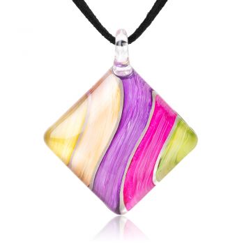 SUVANI Hand Blown Glass Jewelry Multi-Colored Rainbow Striped Square Pendant Necklace 18”-20"