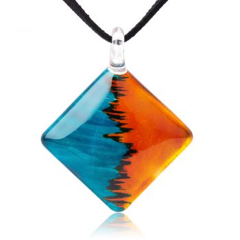 SUVANI Hand Painted Glass Jewelry Blue Water & Orange Fire Square Shape Pendant Necklace 18”-20"