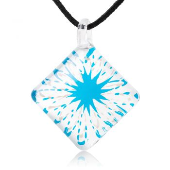 SUVANI Hand-Painted Glass Jewelry White & Blue Flower Art Square Pendant Necklace 18-20 Inches