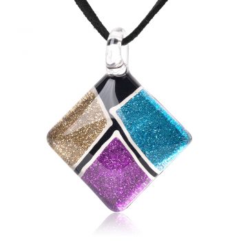SUVANI Hand Painted Glass Jewelry Colorful Sparkling Glitter Art Square Pendant Necklace 18”-20"