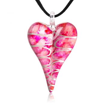 SUVANI Hand-Painted Murano Glass Jewelry Rosy Pink Puffy Long Heart Pendant Necklace 18”-20”