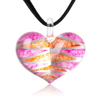 SUVANI Hand-Painted Glass Jewelry Rosy Pink & Orange Sweet Puffy Heart Pendant Necklace 18”-20”