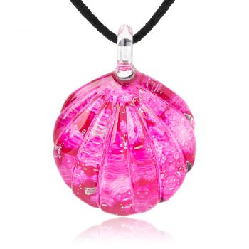 SUVANI Hand Blown & Hand Painted Glass Jewelry Fuchsia Pink Seashell Clear Pendant Necklace 18”-20”